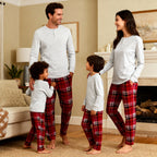 Holiday Pajamas Set for Whole Family – Gray Button-Neck Tee & Red Plaid Pants