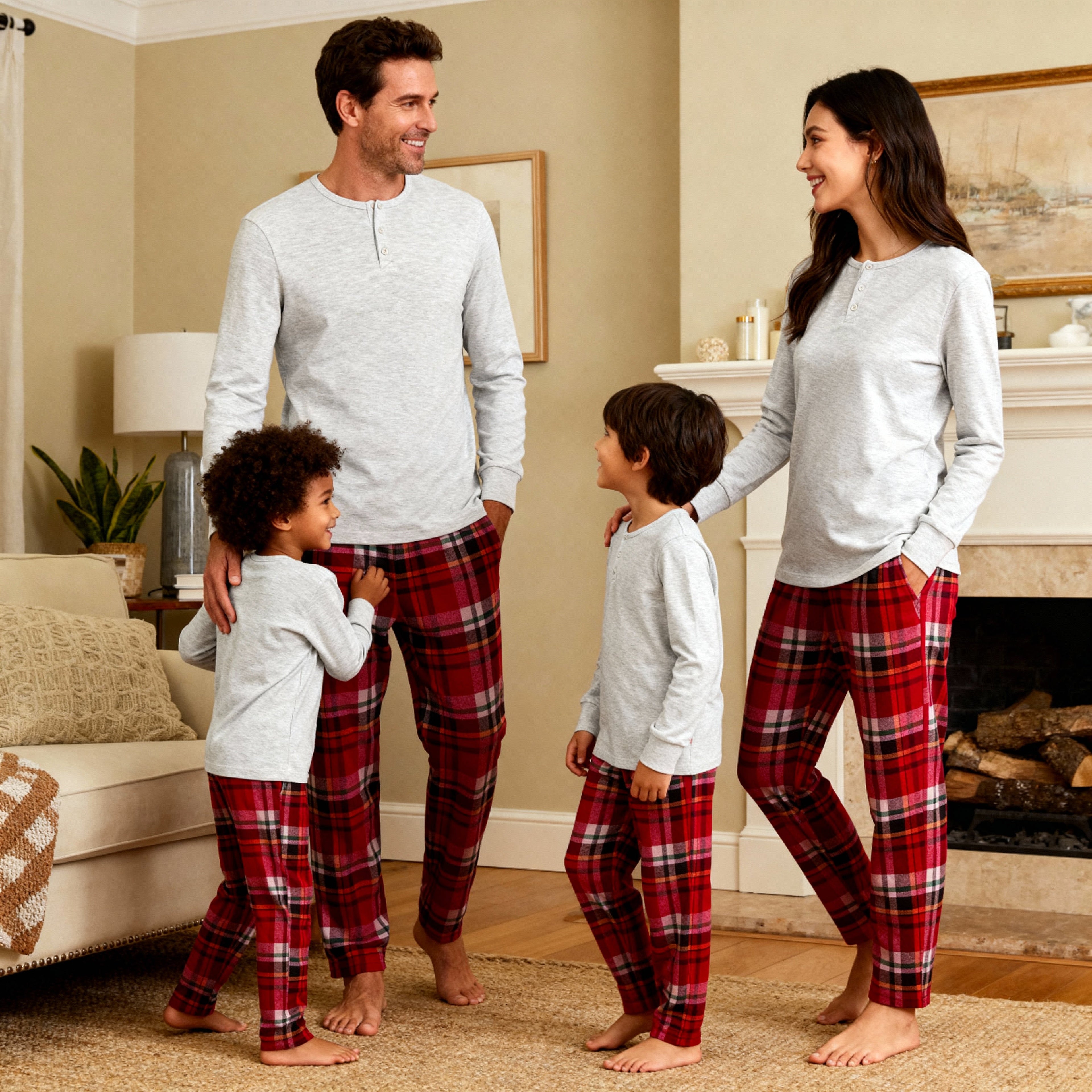 Holiday Pajamas Set for Whole Family – Gray Button-Neck Tee & Red Plaid Pants