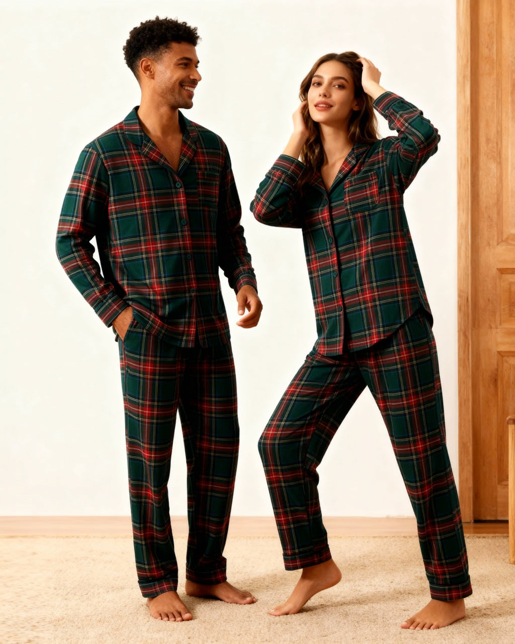 Couple Green Red Plaid Button-Front Pajamas Sets