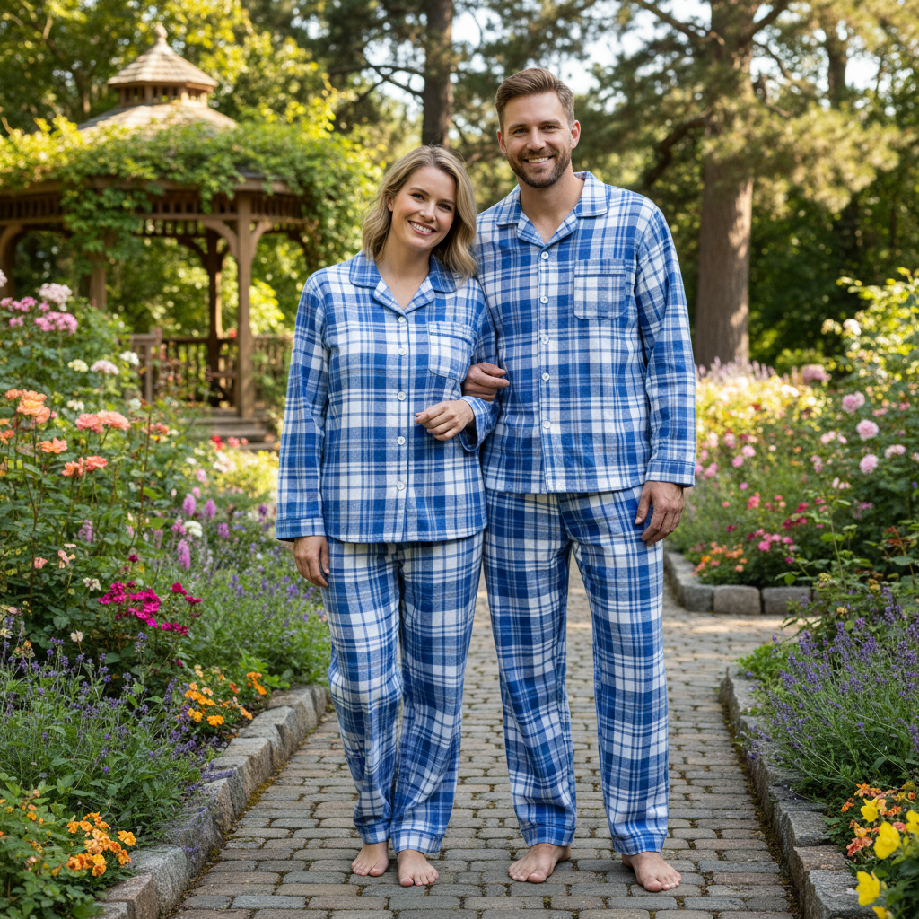 Matching Couple Sleepwear Blue White Plaid Christmas Pajamas Set
