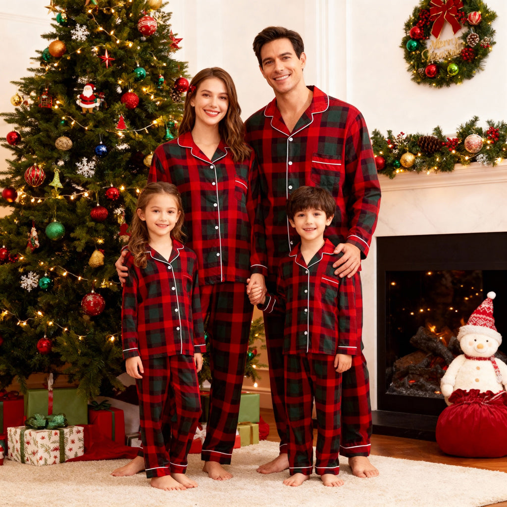Matching Christmas Red and Green Plaid Button Up Family Pajamas Sets
