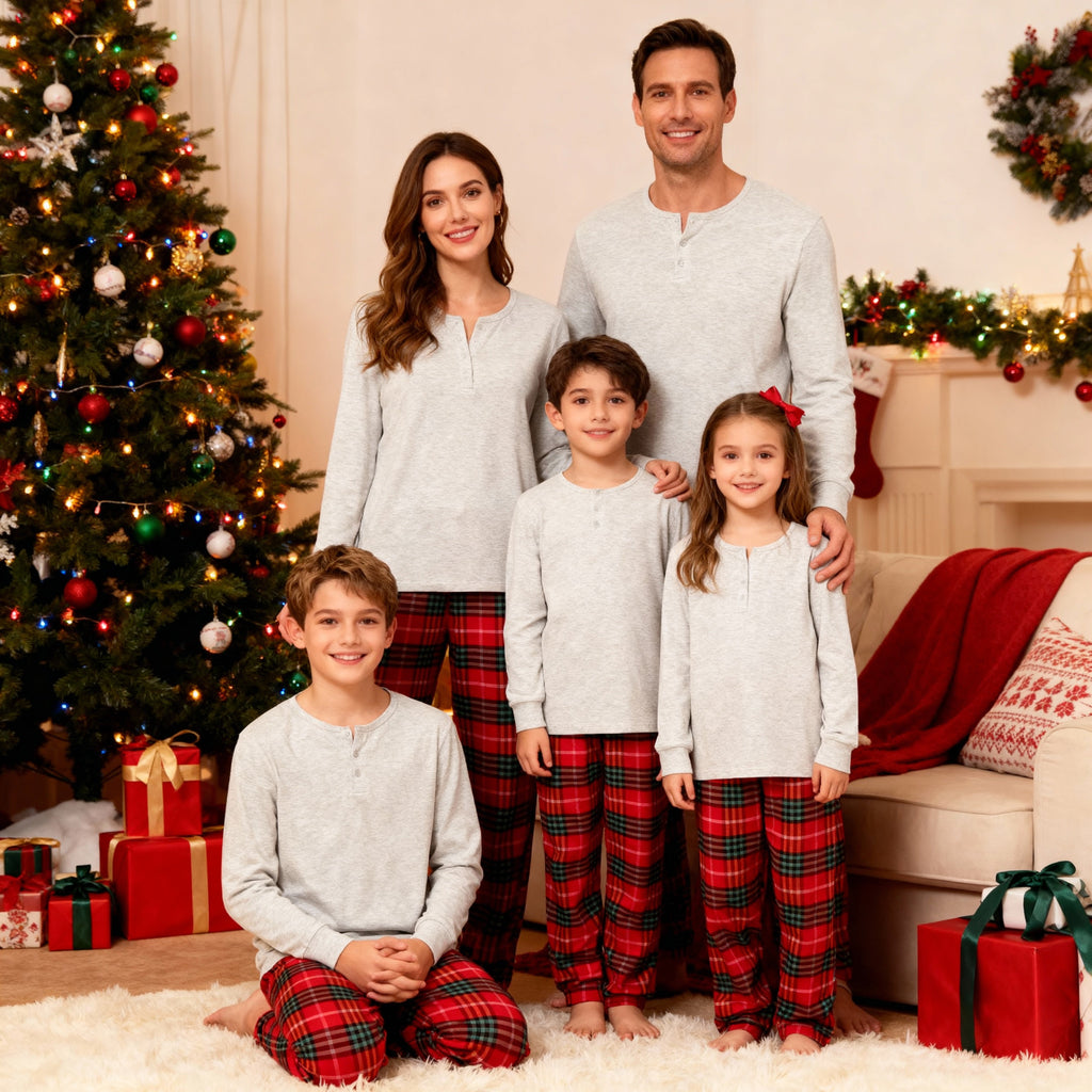 Holiday Pajamas Set for Whole Family –  Button-Front Gray Tee with Plaid Pants