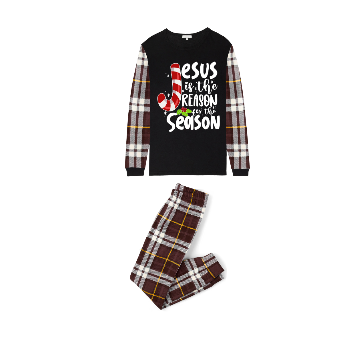 Jesus is the Reason Plaid Pajama Set with Candy Cane and Christmas Cheer
