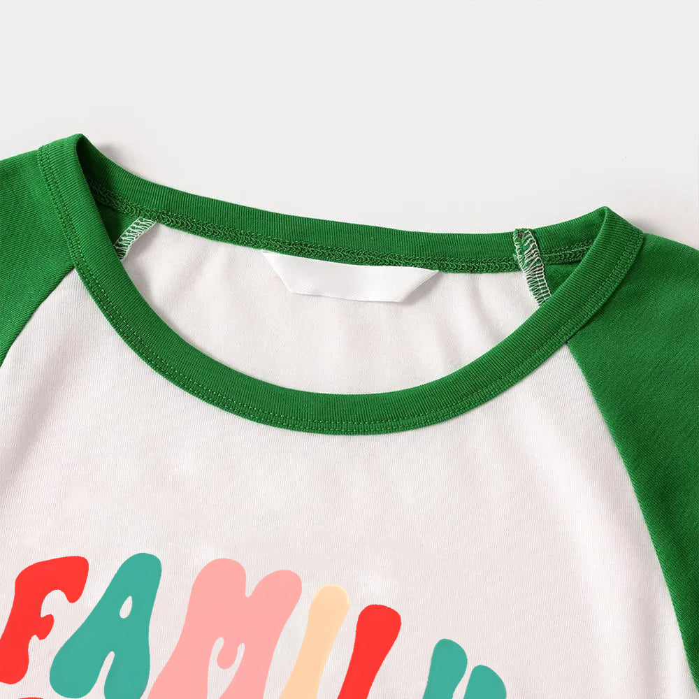 Christmas ' Family Christmas 2026' Letter Print Patterned  Casual Long Sleeve Sweatshirts Green Contrast Tops and Black and Green Plaid Pants  Family Matching Raglan Long-sleeve Pajamas Sets With Dog Bandana