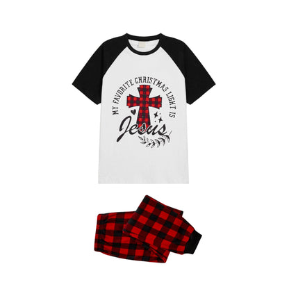 Black and Red Plaid Raglan Short Sleeve Pajamas Set With "My Favorite Christmas Light Is Jesus" Text Print