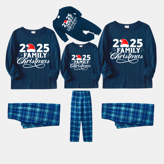 "2025 Family Christmas" Text Print Blue Plaid Christmas Matching Pajamas