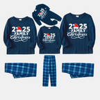 "2025 Family Christmas" Text Print Blue Plaid Christmas Matching Pajamas