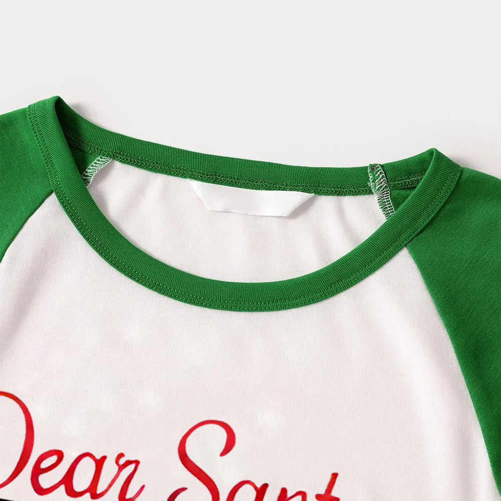 'Dear Santa They Are The Naughty One' Letter Print Casual Long Sleeve Sweatshirts Green Contrast Tops and Black and Green Plaid Pants  Family Matching Raglan Long-sleeve Pajamas Sets With Dog Bandana