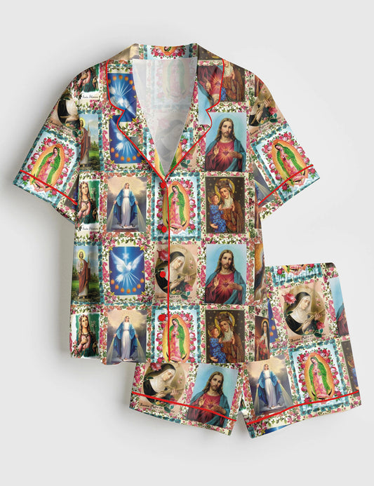 Women's Catholic Saints Jesus Faith God Short Sleeve Satin Pajama Set