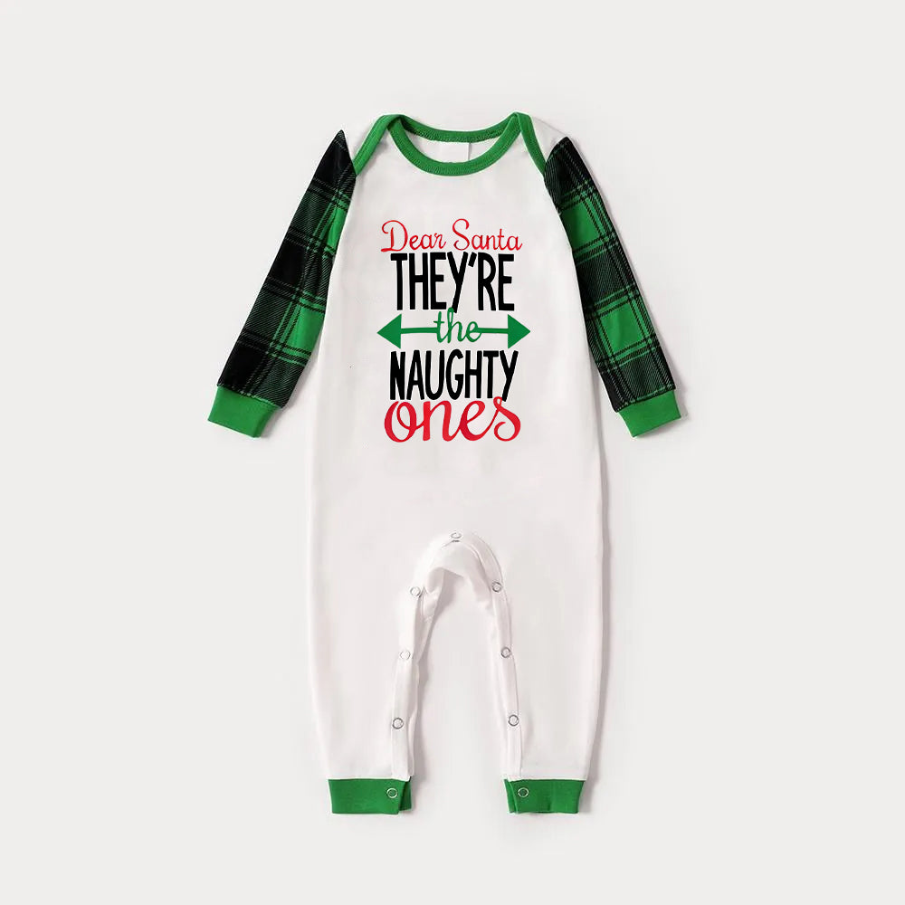 'Dear Santa They Are The Naughty One' Letter Print Casual Long Sleeve Sweatshirts Green Contrast Tops and Black and Green Plaid Pants  Family Matching Raglan Long-sleeve Pajamas Sets With Dog Bandana