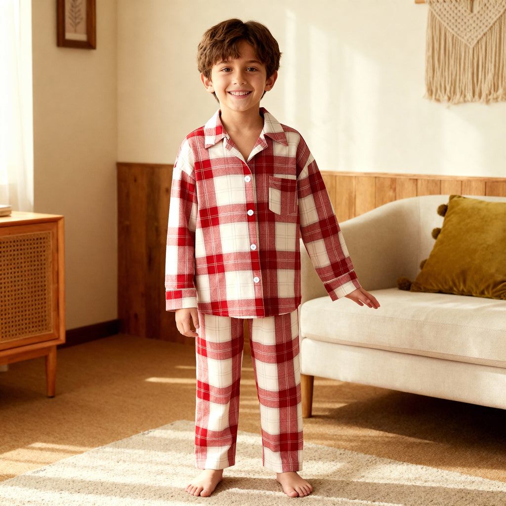 Matching Family Sleepwear Red White Plaid Christmas Pajamas Set