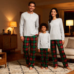 Family Matching Pajama Set – Gray Button-Neck Tee & Green Plaid Pants