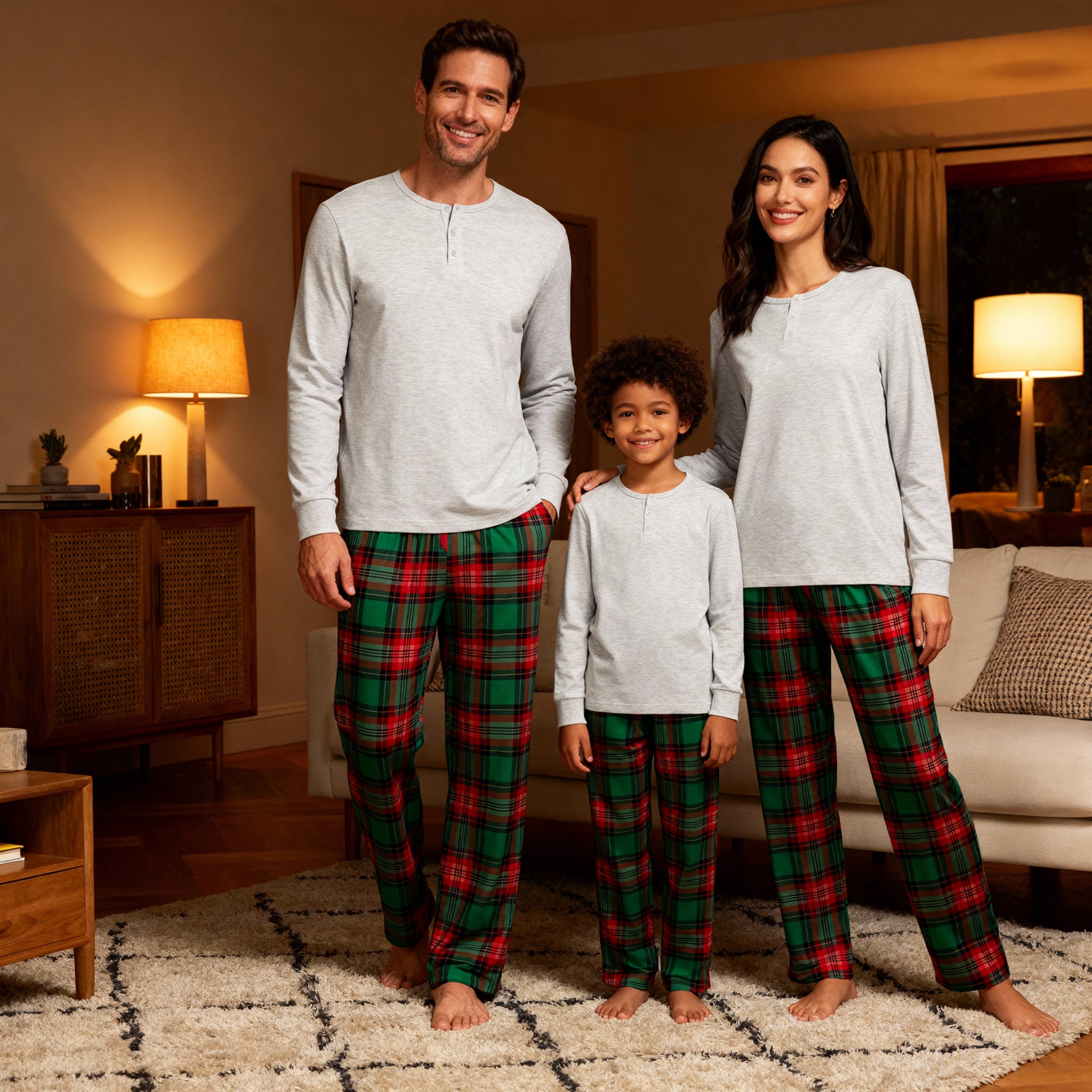 Family Matching Pajama Set – Gray Button-Neck Tee & Green Plaid Pants
