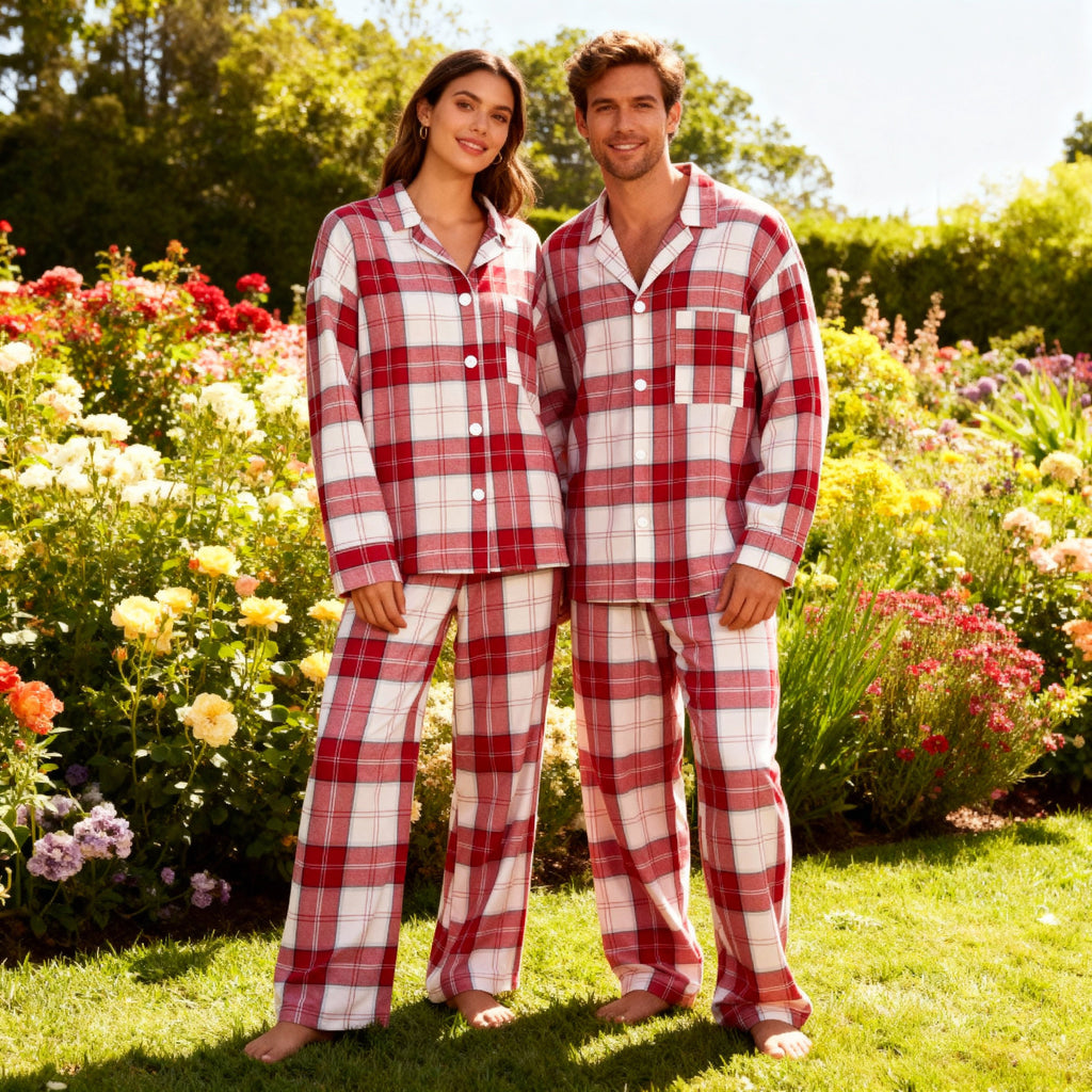 Matching Couple Sleepwear Red White Plaid Christmas Pajamas Set
