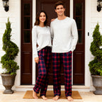 Couple Holiday Pajamas Set  –  Button-Front Gray Tee with Red Blue Plaid Pants