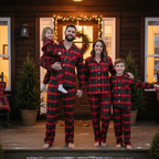 Festive Red and Green Plaid Button-Up Pajamas Set for Family