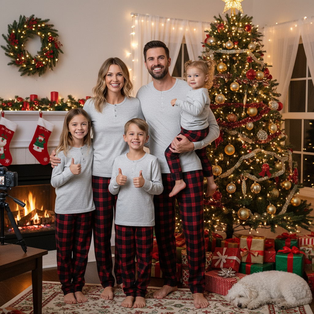 Holiday Pajamas Set for Whole Family – Gray Button-Neck Tee & Black Red Plaid Pants