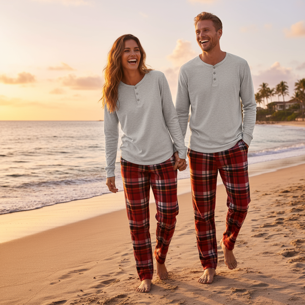 Holiday Pajamas Set for Whole Family – Gray Button-Neck Tee & Red Plaid Pants