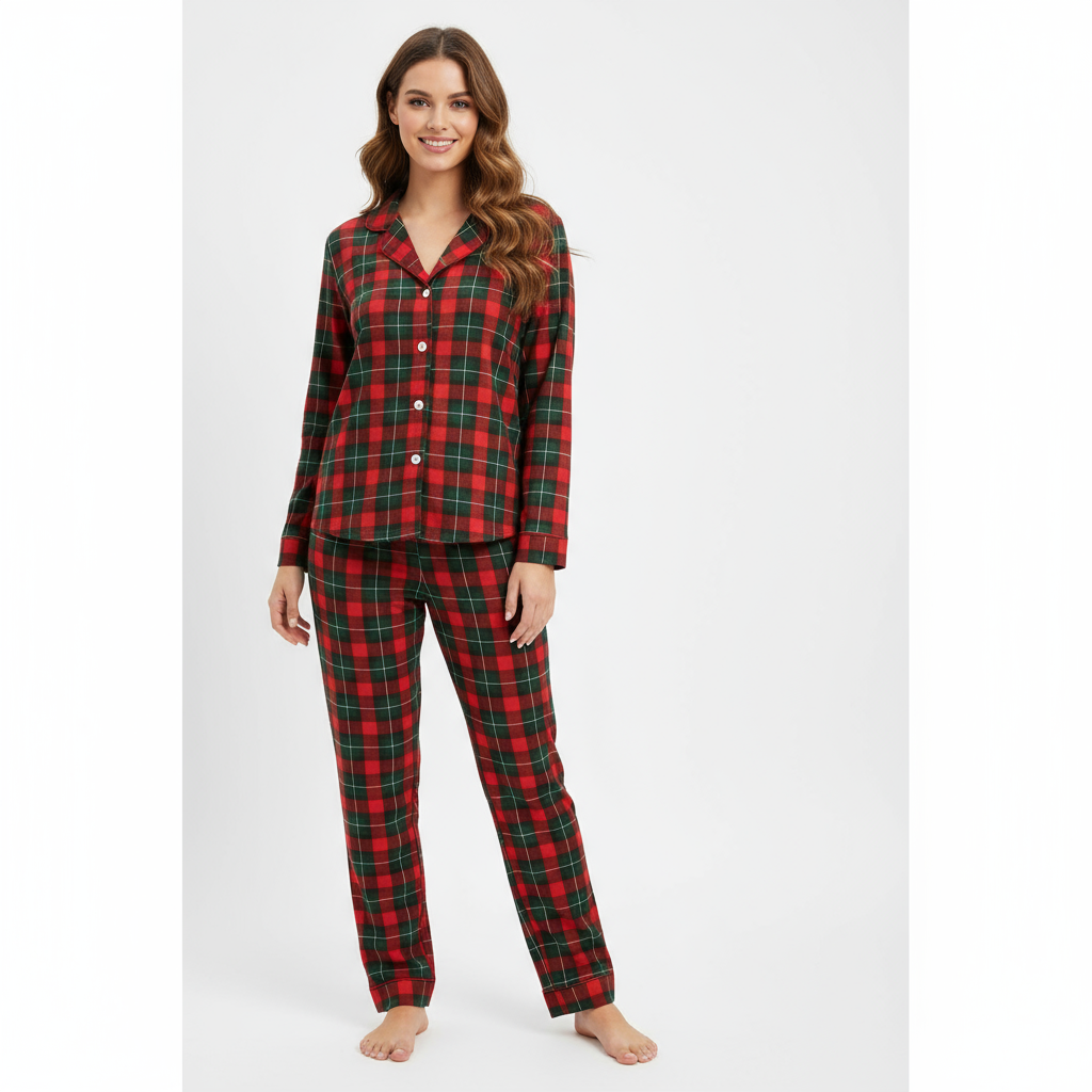 Christmas Red and Green Plaid Button Up Family Pajamas Sets