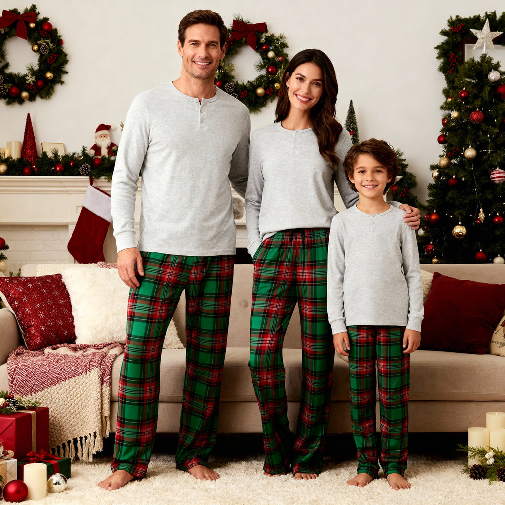 Family Matching Pajama Set – Gray Button-Neck Tee & Green Plaid Pants