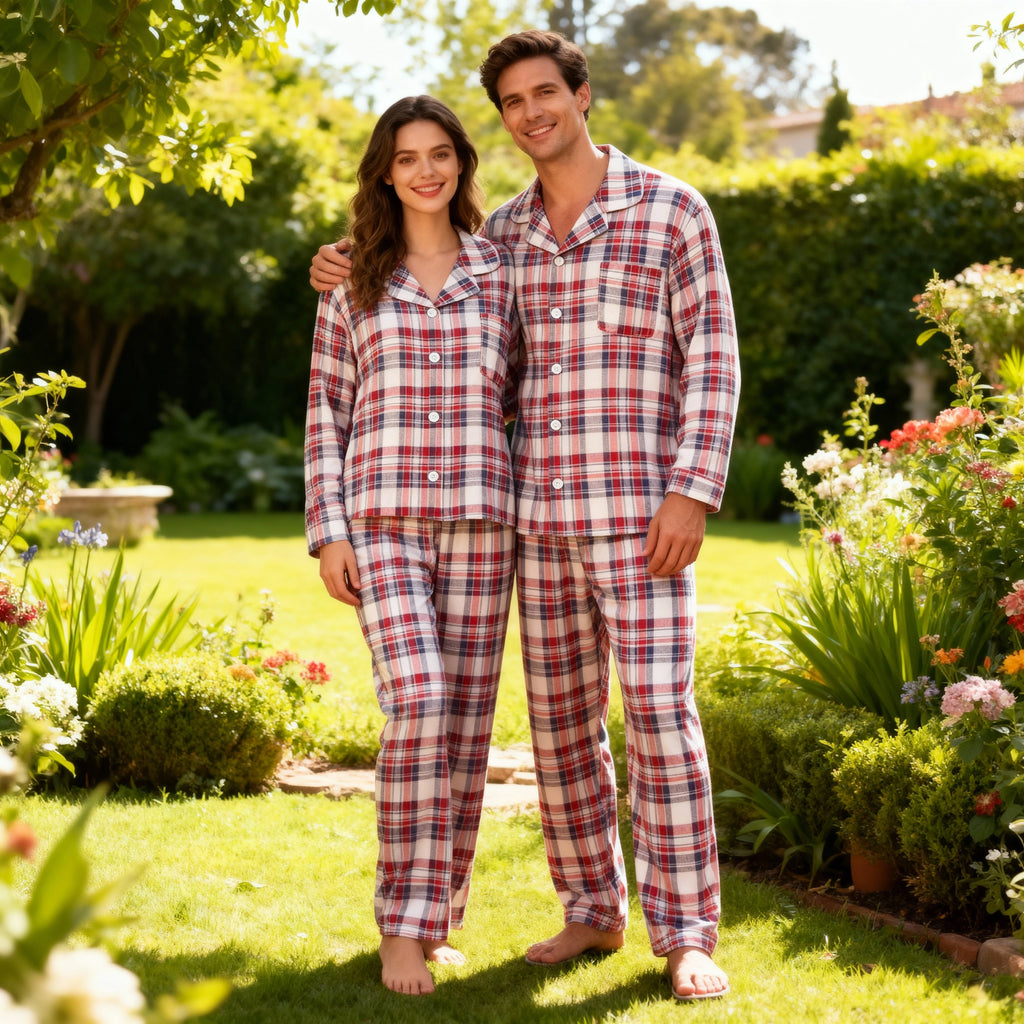 Couple Red Plaid Button-Front Pajamas Set