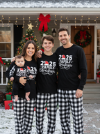 "2025 Family Christmas" Letter Print Black Long Sleeve Top with Black And White Plaid Pants Family Matching Pajamas