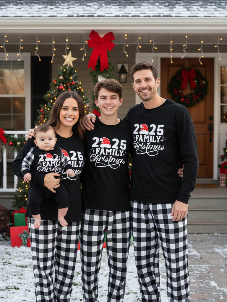"2025 Family Christmas" Letter Print Black Long Sleeve Top with Black And White Plaid Pants Family Matching Pajamas