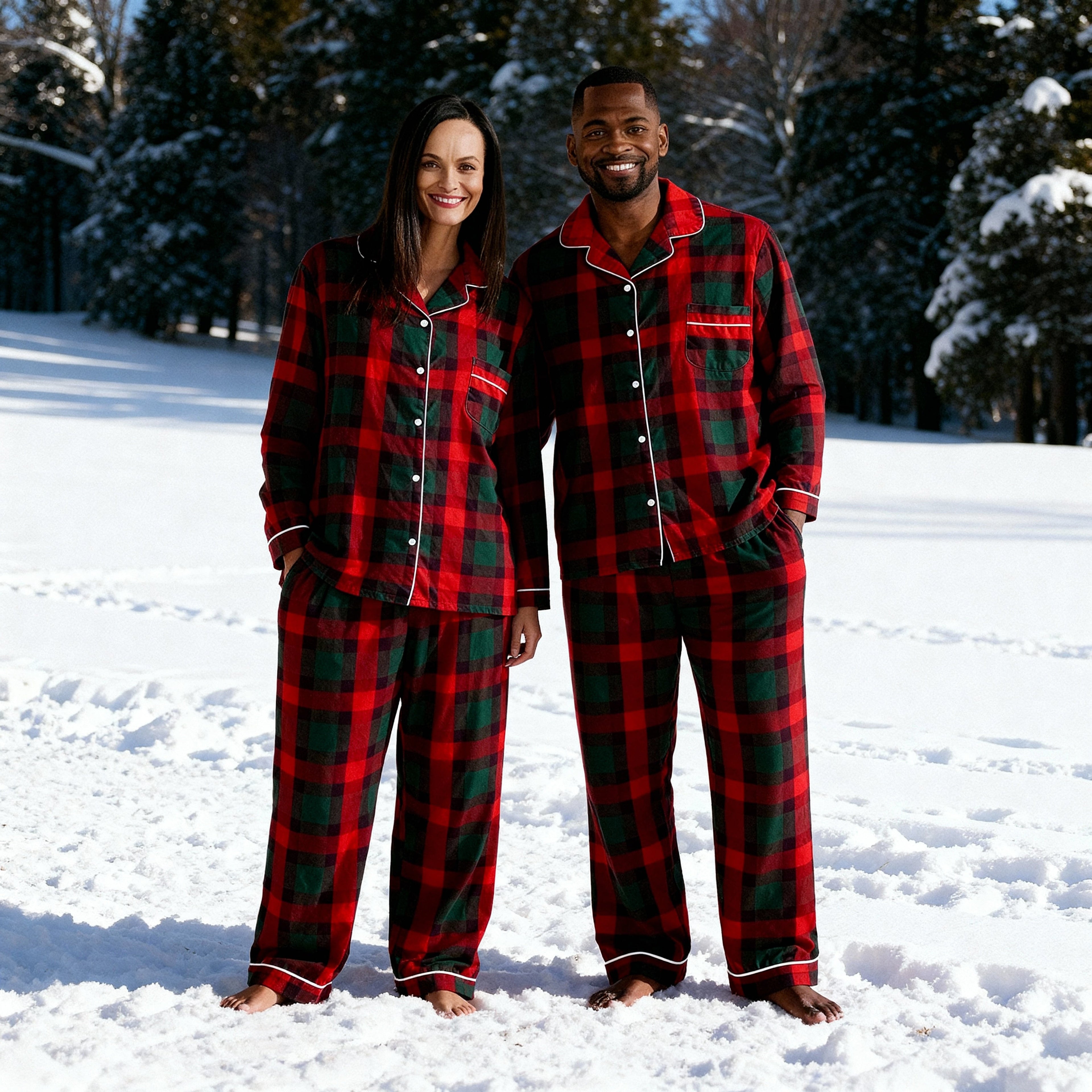 Matching Christmas Red and Green Plaid Button Up Family Pajamas Sets