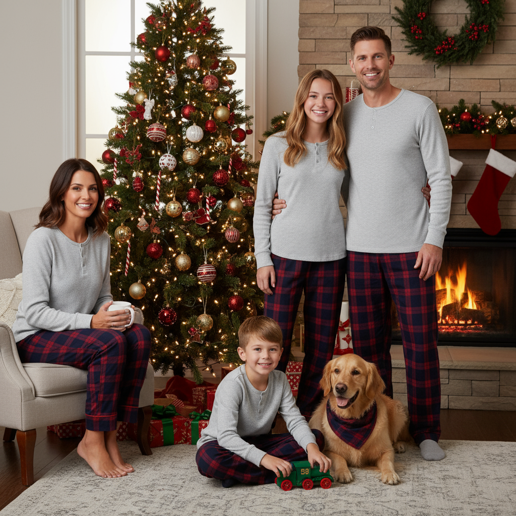 Holiday Pajamas Set for Whole Family –  Button-Front Gray Tee with Red Blue Plaid Pants