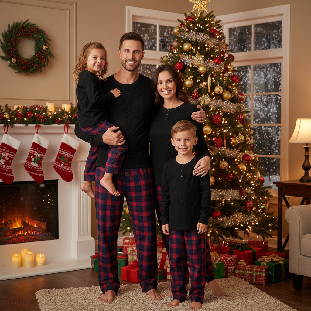 Cozy Christmas Family PJS – Button-Up Shirt Red Plaid Pants Pajamas Set