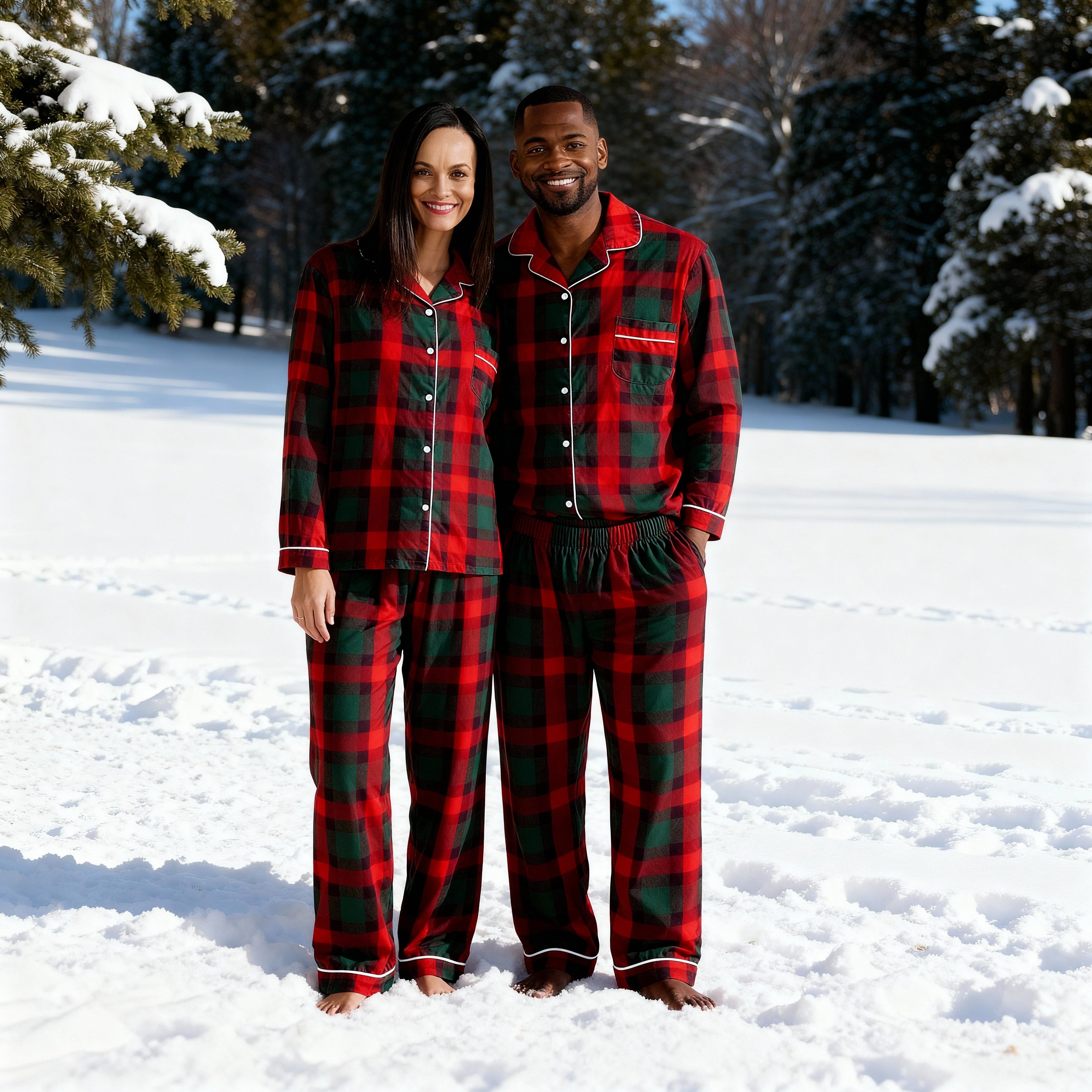 Matching Christmas Red and Green Plaid Button Up Family Pajamas Sets