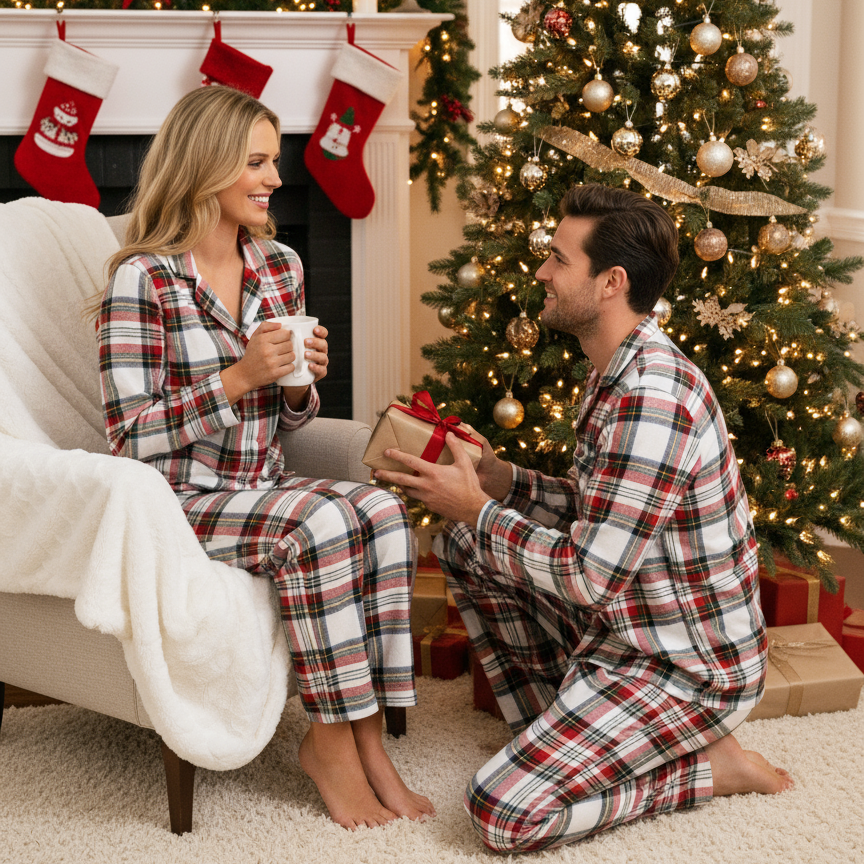 Holiday Family Red Plaid Button-Front Matching Pajamas Set