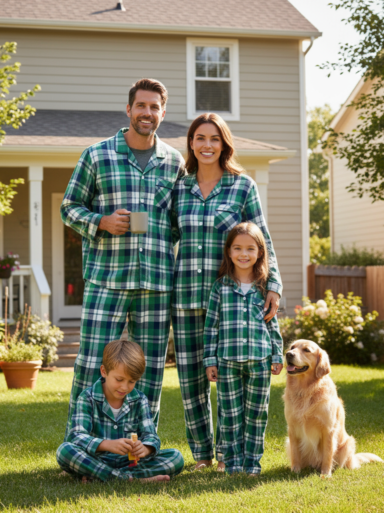 Matching Christmas Green Blue Plaid Button Up Family Pajamas Sets