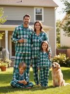 Matching Christmas Green Blue Plaid Button Up Family Pajamas Sets