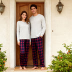 Couple Holiday Pajamas Set  –  Button-Front Gray Tee with Red Blue Plaid Pants