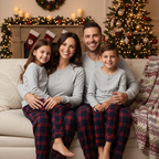 Holiday Pajamas Set for Whole Family –  Button-Front Gray Tee with Red Blue Plaid Pants