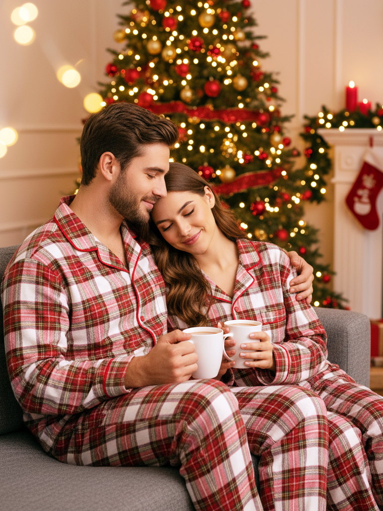 Matching Couple Sleepwear Green Plaid Christmas Pajamas Set