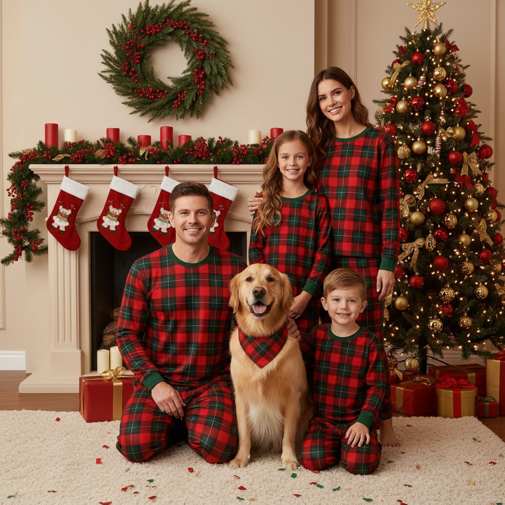 Matching Family Sleepwear Green Plaid Christmas Pajamas Set