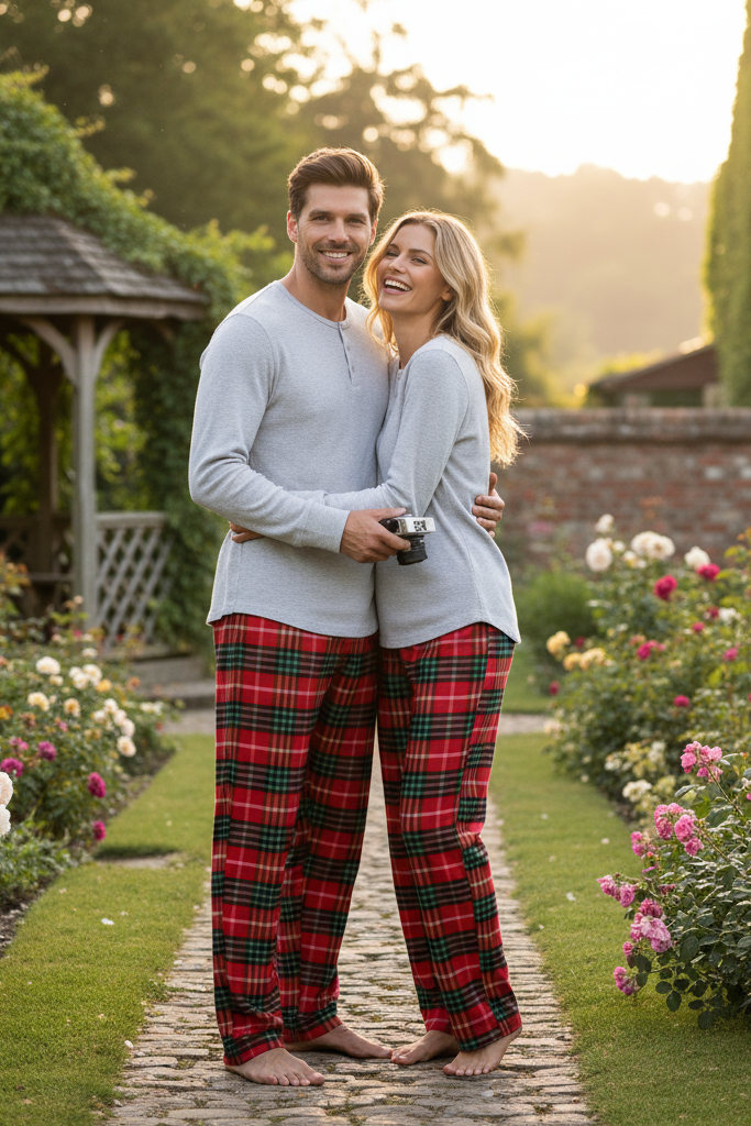 Couple Holiday Pajamas Set –  Button-Front Gray Tee with Plaid Pants