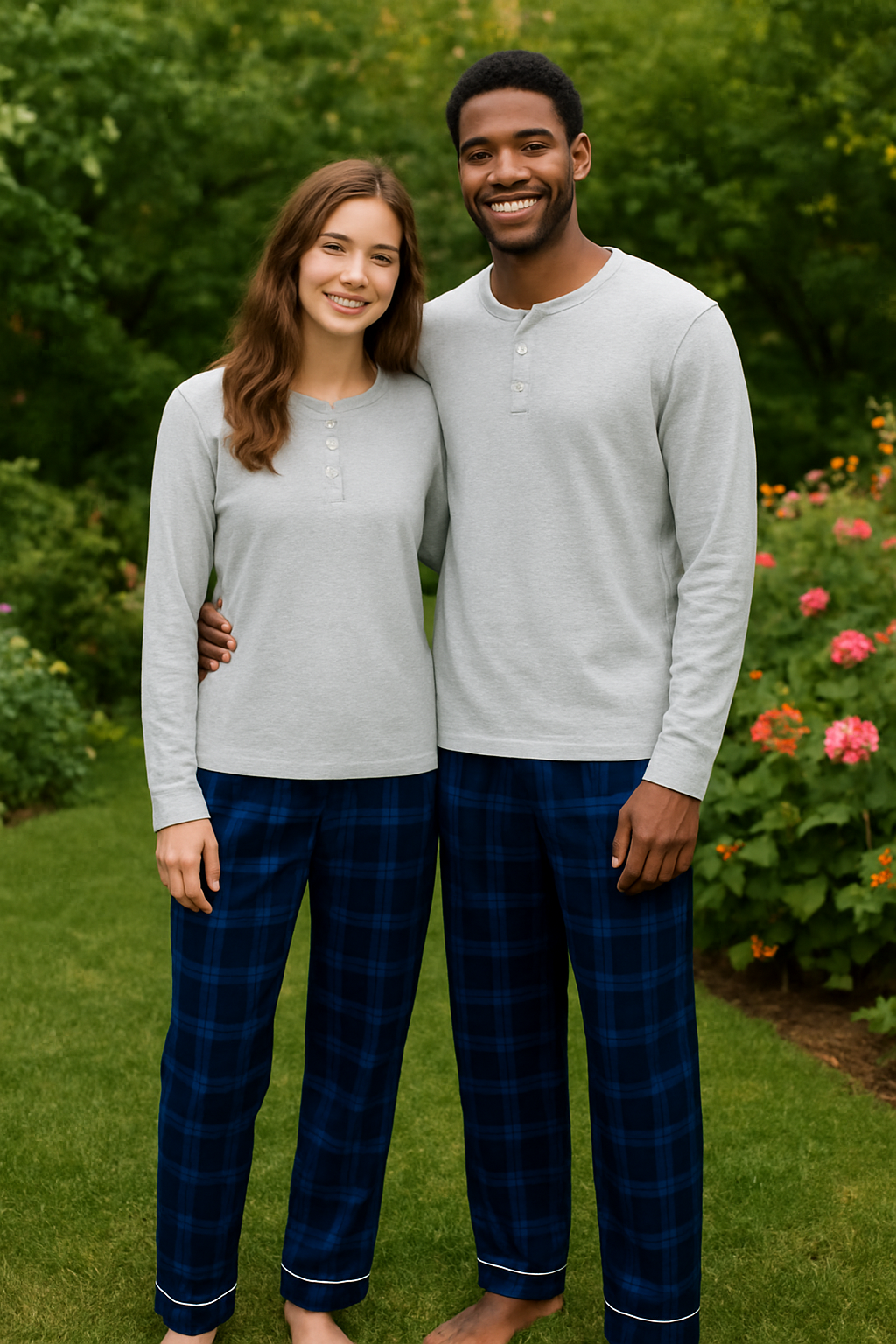 Couple Matching Pajama Set – Gray Button-Neck Tee & Plaid Pants