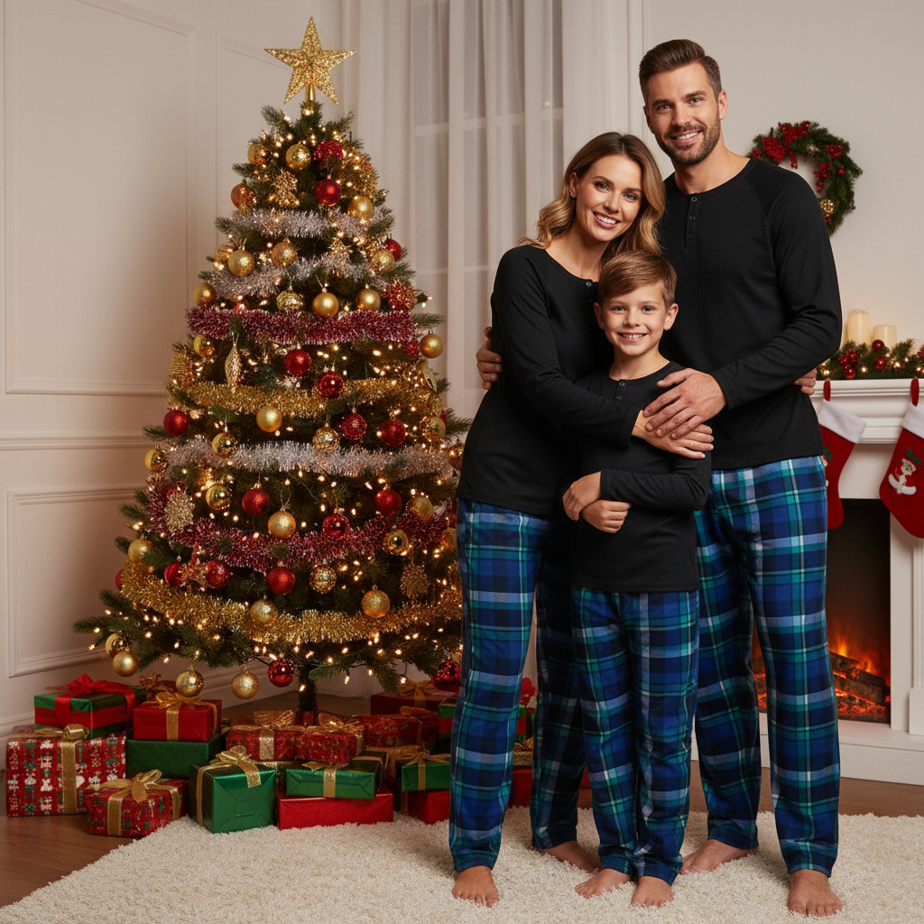 Best Christmas Gift for Families – Cute Button-Neck & Blue Plaid Pants