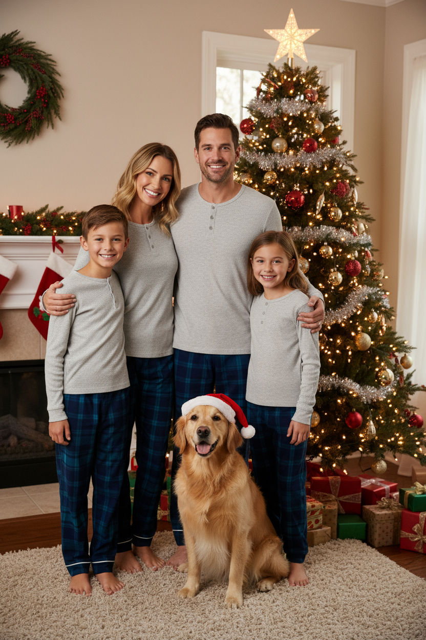 Family Matching Pajama Set – Gray Button-Neck Tee & Plaid Pants