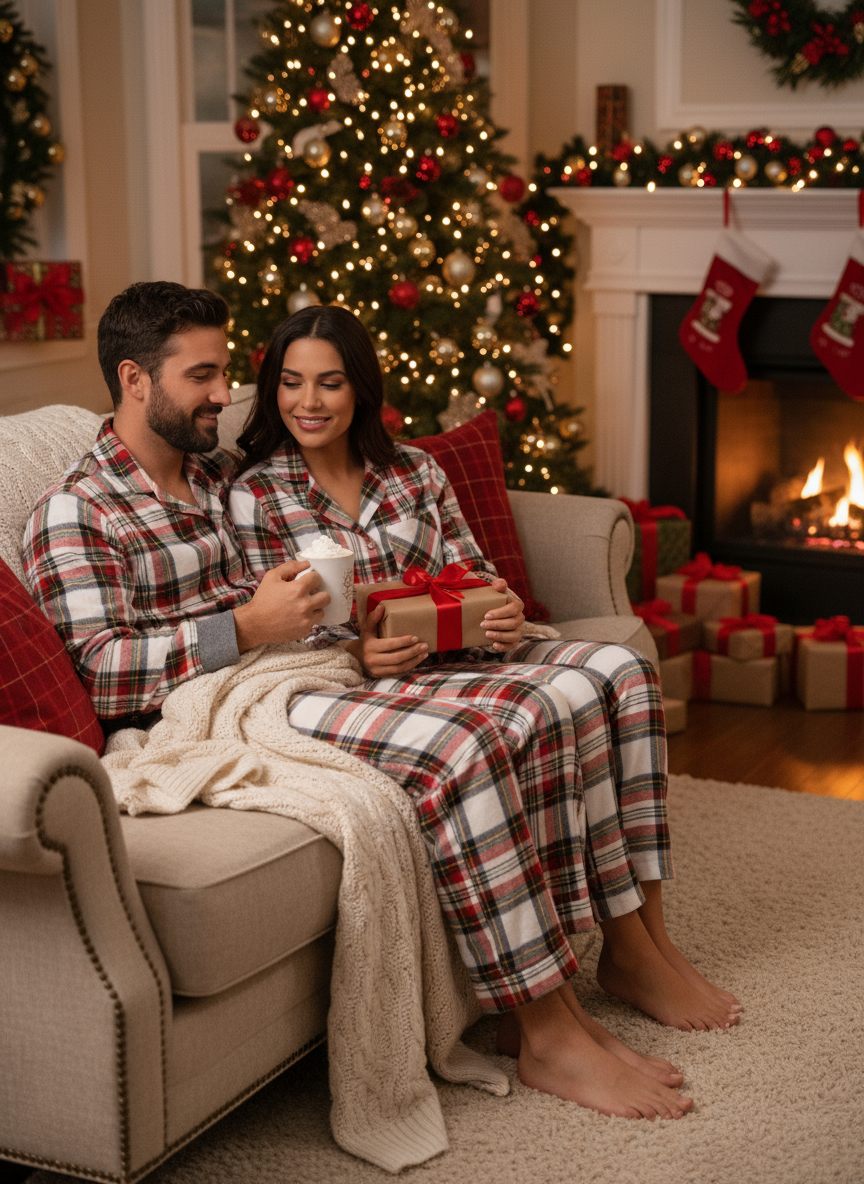 Holiday Couple Red Plaid Button-Front Christmas Pajamas Set