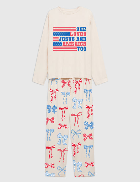 Women's She Loves Jesus And America Too Patriotic American Bows 4th Of July Long Sleeve Pajama Set