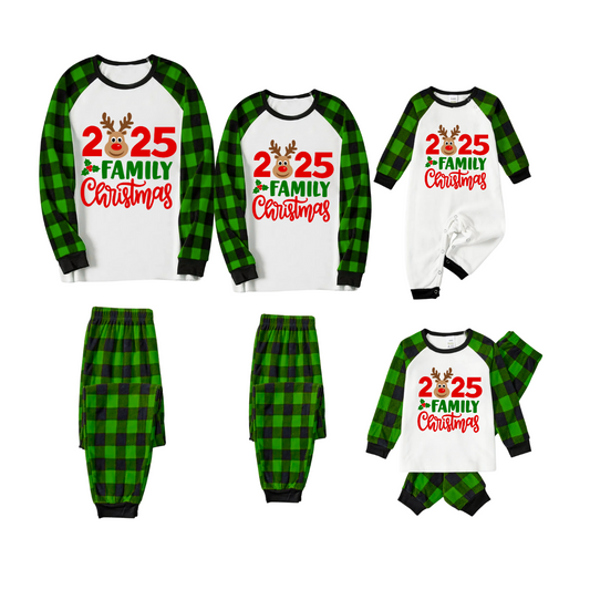 2025 Reindeer Family Christmas Family Pajamas Set - White Top / Green Black Plaid Pants / Green Black Plaid