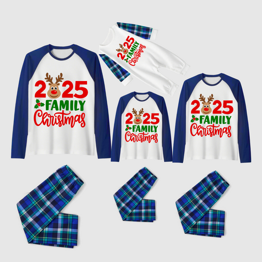 2025 Reindeer Family Christmas Family Pajamas Set - White Top / Blue Green Plaid Pants / Blue Sleeves