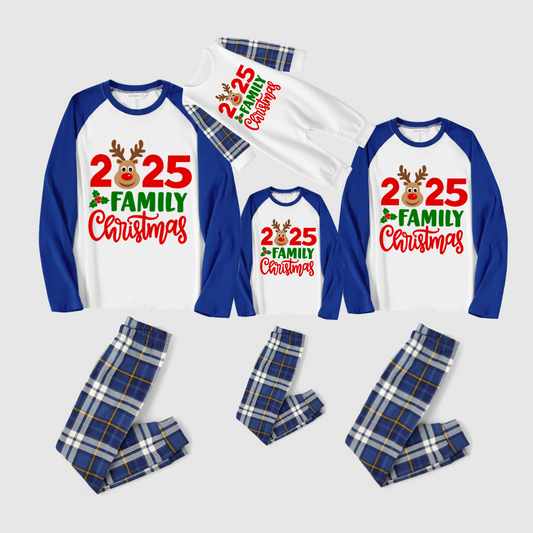 2025 Reindeer Family Christmas Family Pajamas Set - White Top / Blue Yellow Plaid Pants / Blue Sleeves