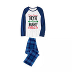 'Dear Santa They Are The Naughty One' Letter Print Casual Long Sleeve Sweatshirts Blue Sleeve Contrast Tops and Blue Plaid Pants Family Matching Pajamas Sets With Dog Bandan