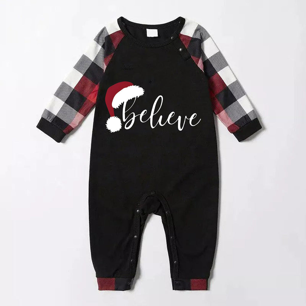 Christmas Hat and ‘Believe“ Letter Print Patterned Plaid Sleeve Contrast Tops and Red & Black & White Plaid Pants Family Matching Pajamas Set With Dog Bandana