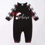Christmas Hat and ‘Believe“ Letter Print Patterned Plaid Sleeve Contrast Tops and Red & Black & White Plaid Pants Family Matching Pajamas Set With Dog Bandana